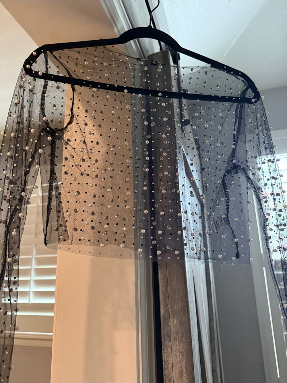 Love tree  Black Sheer Pearl-Studded Crop Top